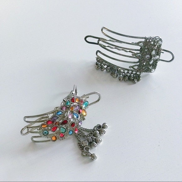 2 Vintage Indian Silver Jeweled Hair Clips - Picture 5 of 7